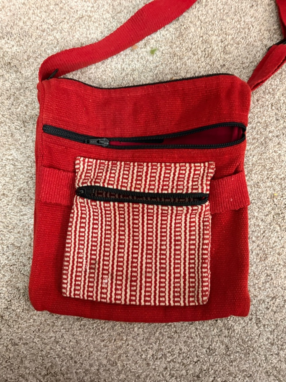 Red Woven Crossbody Bag with Front Zip Pocket